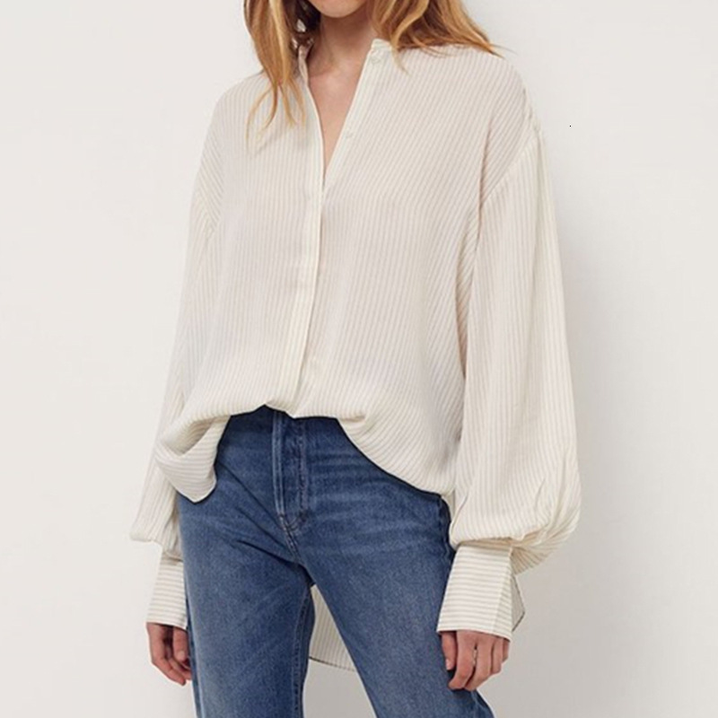 

New Women Stripes Blouse 2021 Early Spring Long Lantern Sleeve Shirt Office Wear Single-breasted Silhouette Tops 8go3, Black