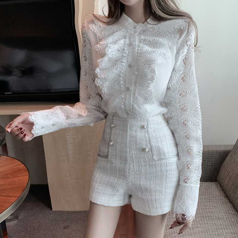 

Spring Two piece set Women Lace Embroidery Hollow out Ruffles Shirt Top + Tweed Short pants Suits 210526, White
