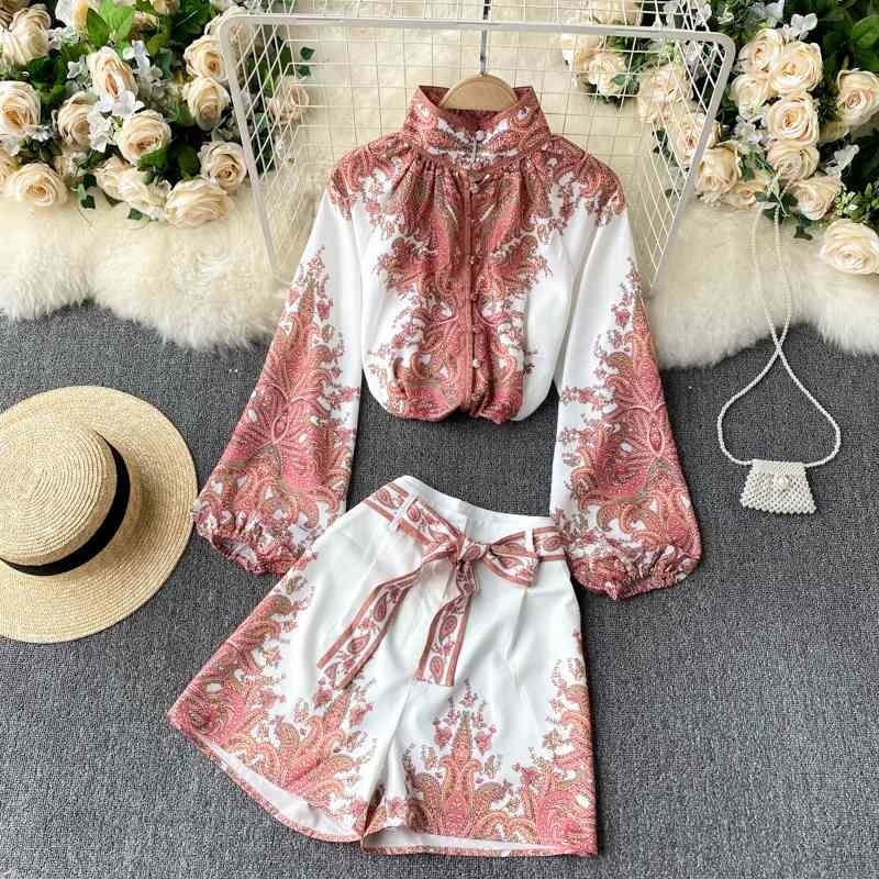 

Spring Arrivals Long Puff Sleeve Stand Collar Floral Print Top Drawstring Shorts Two Piece Set Women Outfits ML476 210525, As picture