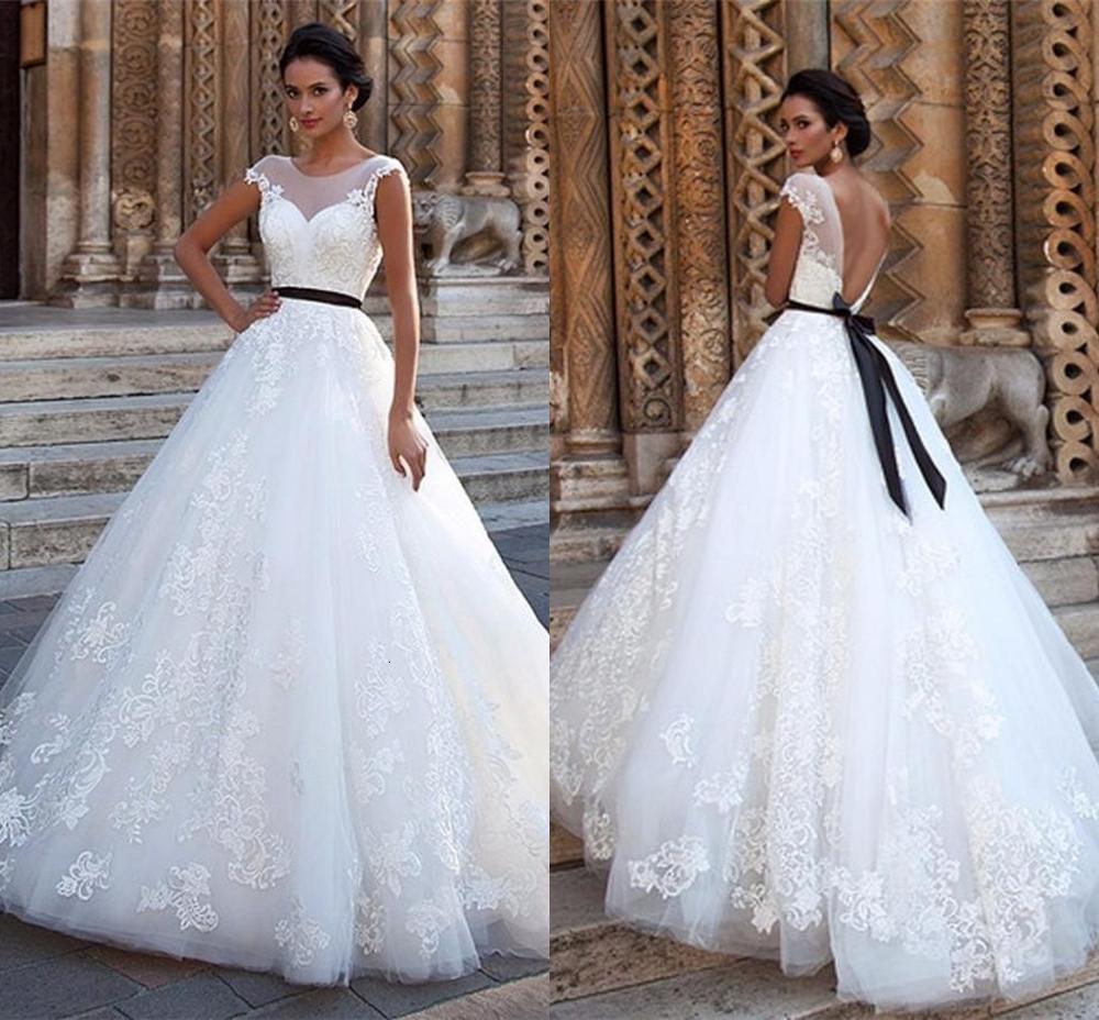 

2021 New Vintage Scoop Ball White Lace Applique Wedding Es with Black Sashes Backless Bridal Gowns Vestidos De Mairee Uped, Ivory