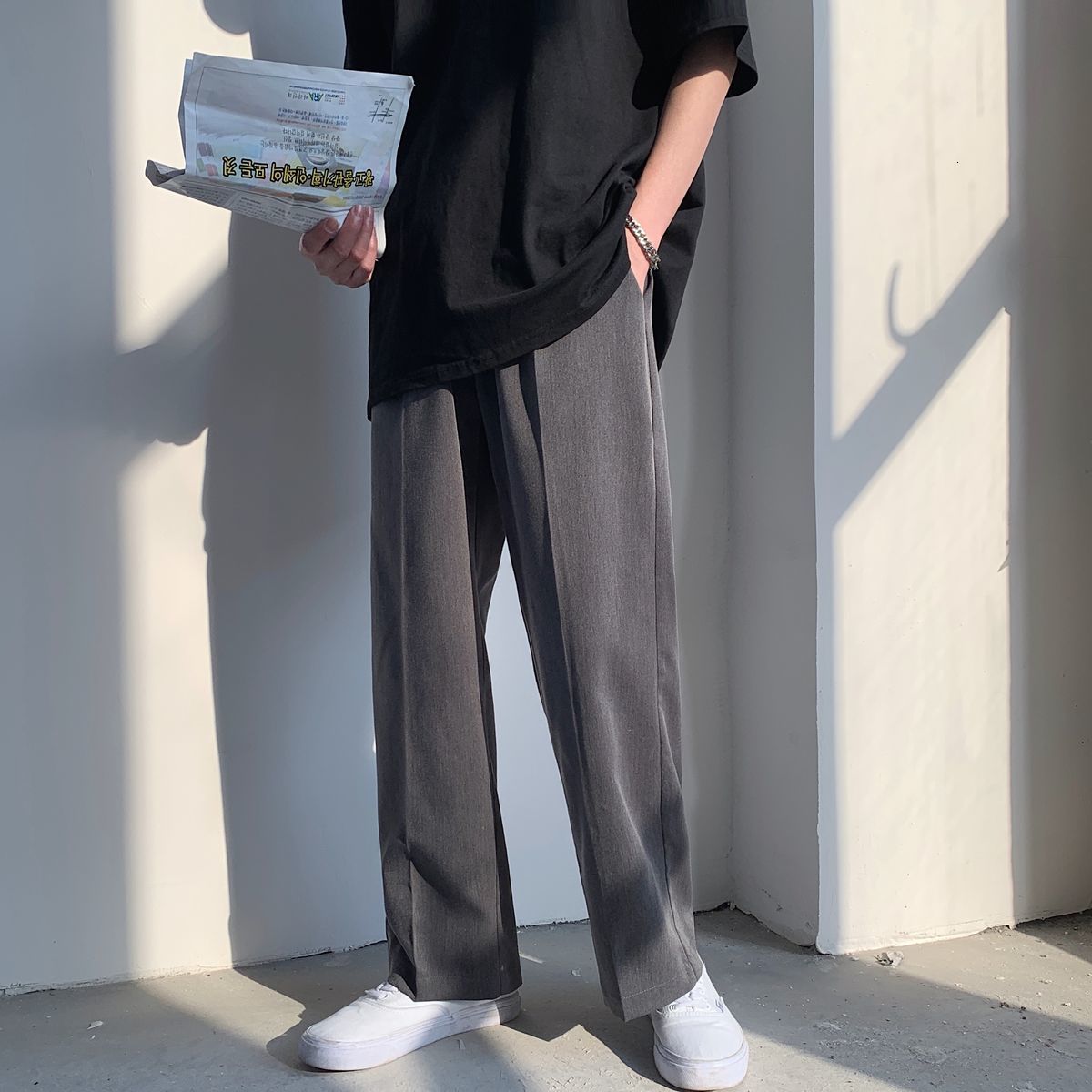 

2021 New Men's Fashion High Quality Wide Leg Straight Black/grey Color Office Trousers Social Blazer Formal Suits Pants M-2xl L5wq