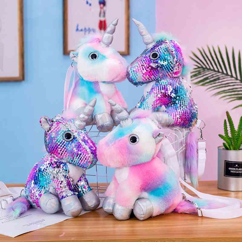 

2020 new cartoon female colorful Unicorn toy shoulder cute plush Sequin diagonal bag, Colorful style