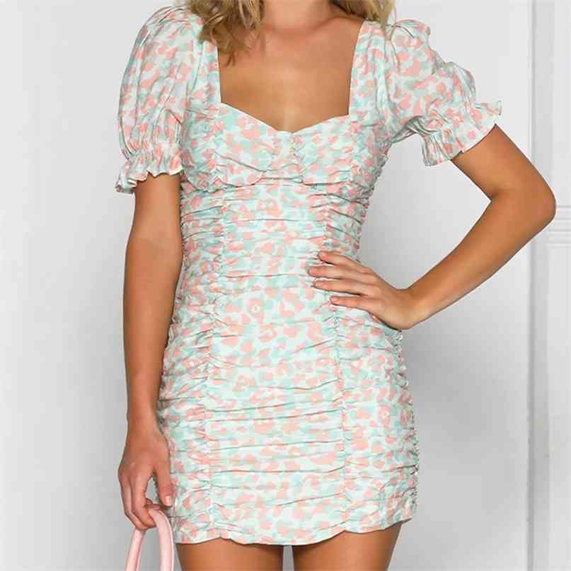 

Women Elegant Floral Print Summer Dress Vintage Square Neck Puff Sleeve Ruched Mini Bodycon Sexy Slim Streetwear Vestidos 210603, Light green