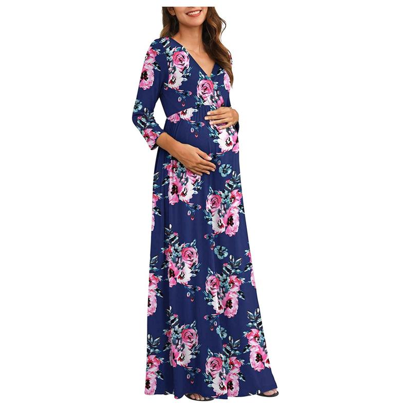 

Maternity Dresses Women Pregnancy Casual 3/4 Sleeve V-neck Maxi Wrap Long Dress For Pregnant, White