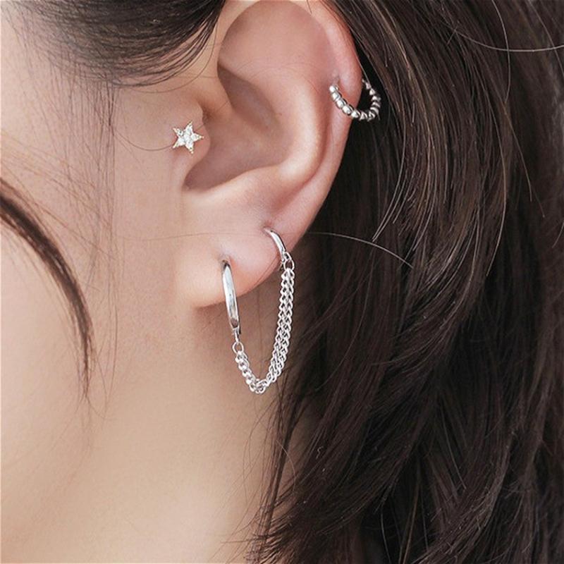 

Dangle & Chandelier 1PCS Korean Stainless Steel Earrings Double Round Fashion Tassel Retro Link Chain Hoop Metal Jewelry Wholesale, Silver