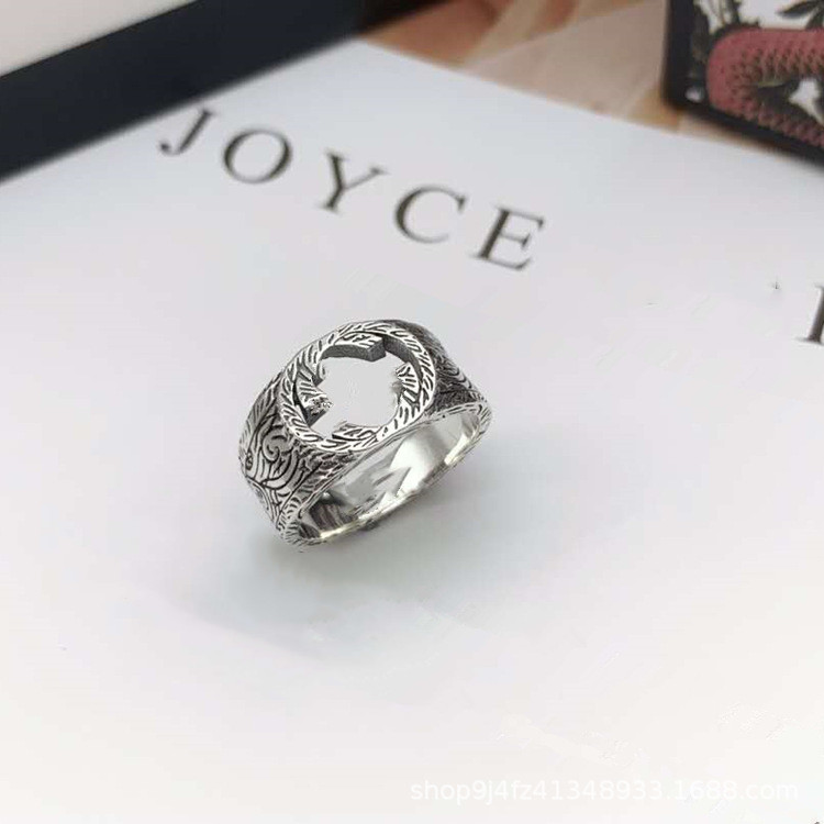 

S925 Sterling Silver Tiger Head Ring Hollow Carved Pattern Retro Men and Women Same Ring Couple Rings