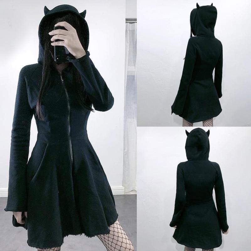 

Casual Dresses Gothic Cat Ear Women Hoodie Tops Punk Vintage Kawaii Pullover Long Sleeve Hooded Sweatshirt Dress Zipper