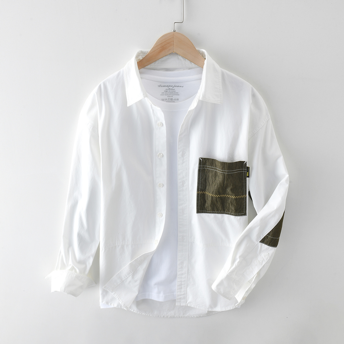 

2021 New High-quality Men Japan Harajuku Simple Shirts Shredded Pockets Long, Casual Sleeve Fine Cotton Tops 8v70, White