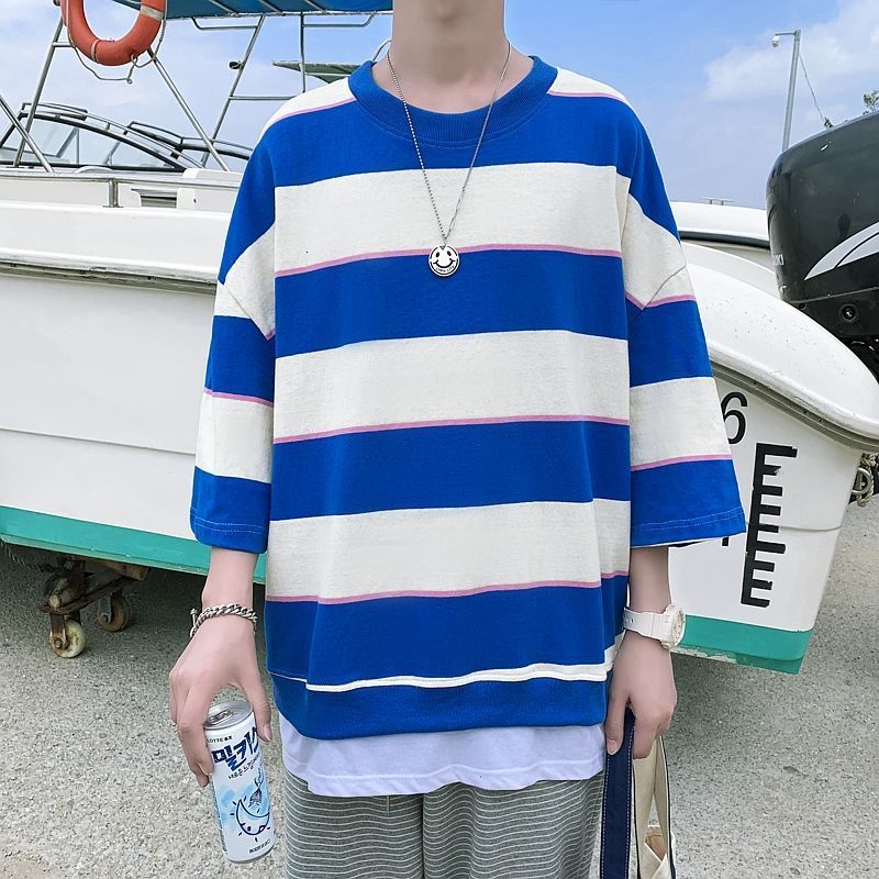 

2021 New Cotton Fake Two-piece T-shirt Men' Fashion Casual Striped t Shirt Men Streetwear Loose Hip-hop Short-sleeved Tshirt Mens -5xl P7g, Yellow