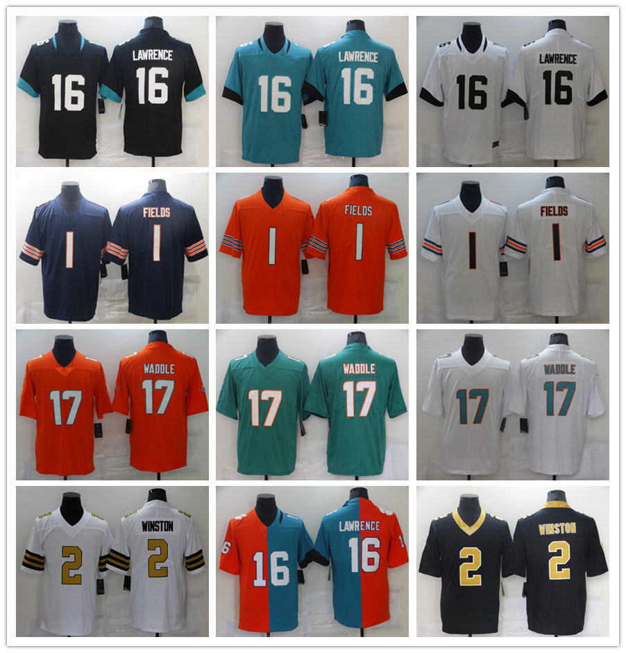 

Trevor Lawrence 16 Justin Fields 1 Football Jersey Jaylen Waddle 17 Jameis Winston 2 Men Women Youth JaguarsBearsDolphinsS, Black;red