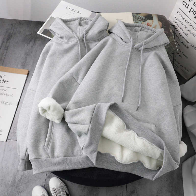 

LY VAREY LIN Autumn Winter Women Long Sleeve Pullovers Oversize Woollen Liner Warm Loose Tops Solid Hooded Sweatshirts 210526, Gray