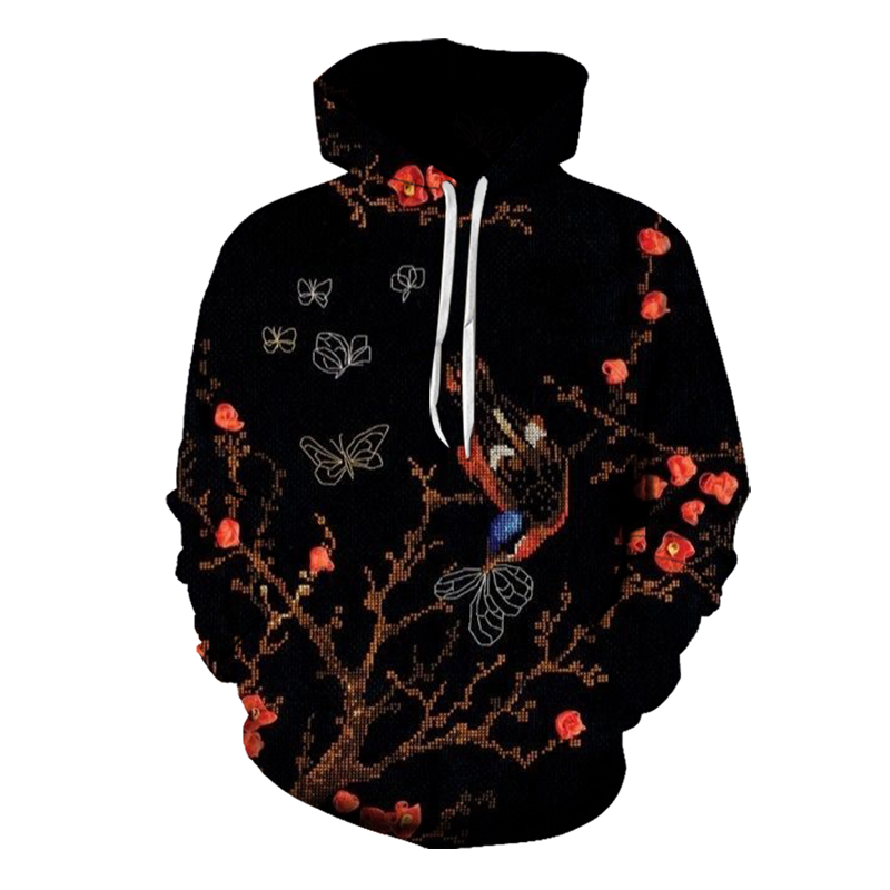 

Plum blossom pattern men's 3D printing hoodie drawstring round neck high quality American sweatshirt autumn and winter, Black