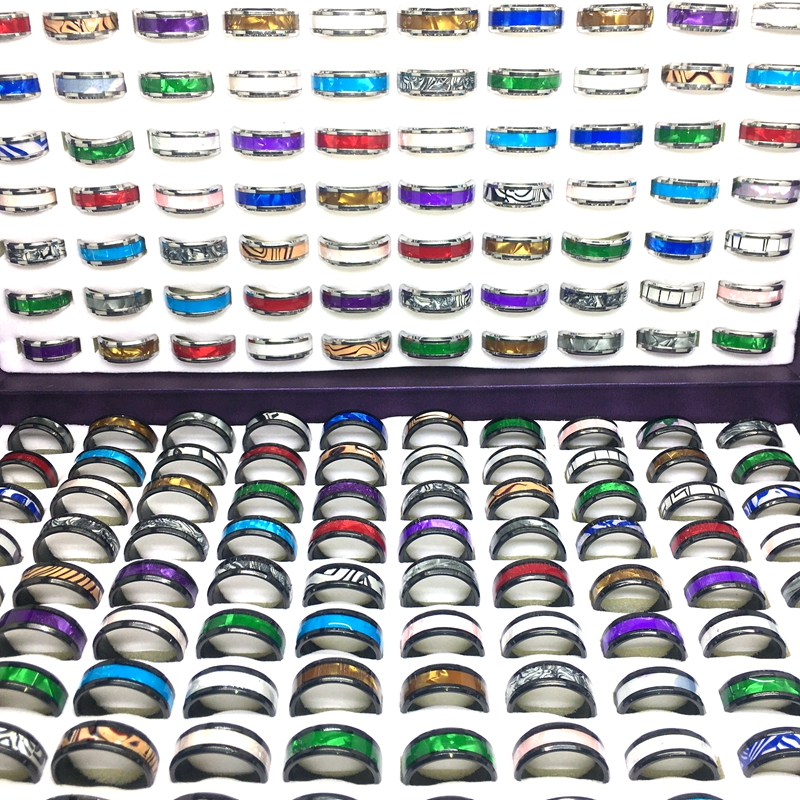 

Wholesale 100PCs/Lot Top Mens Womens Band Stainless Steel Rings Fashion JewelryVariety of Patterns Mixed Colors Party Jewelry Silver Black