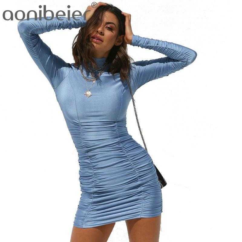 

Spring Autumn Ruched Detail Sexy Bodycon Dres Long Sleeve High Neck Waist Sheath Solid Color Mini 210604, Light blue
