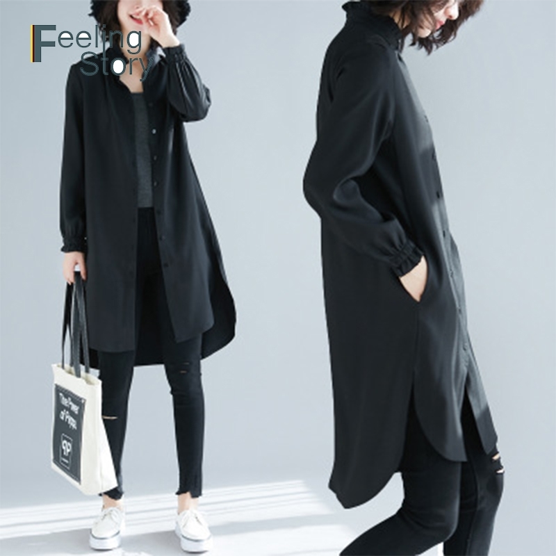 

Cotton Linen Plus Size Long Sleeve Black Blouses Shirts Korean Women Summer Loose Collar Shirt Dress Side Irregular Hem Skirt 210603