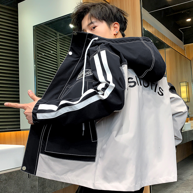 

2021 Men Spring Autumn New Korean Fashion Overalls Casual Jacket Windbreaker Tourism Mountain Raincoat Male Clothing Pkci, Black