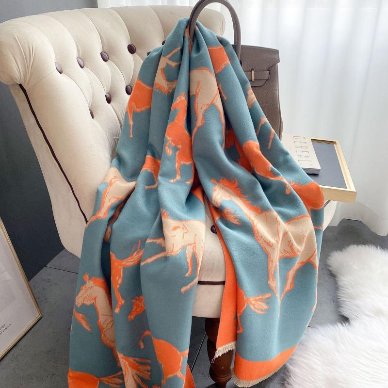 

Scarves Animal Print Winter Cashmere Scarf Women Thick Warm Shawls Wraps Female Designer Horse Pashmina Blanket Cape