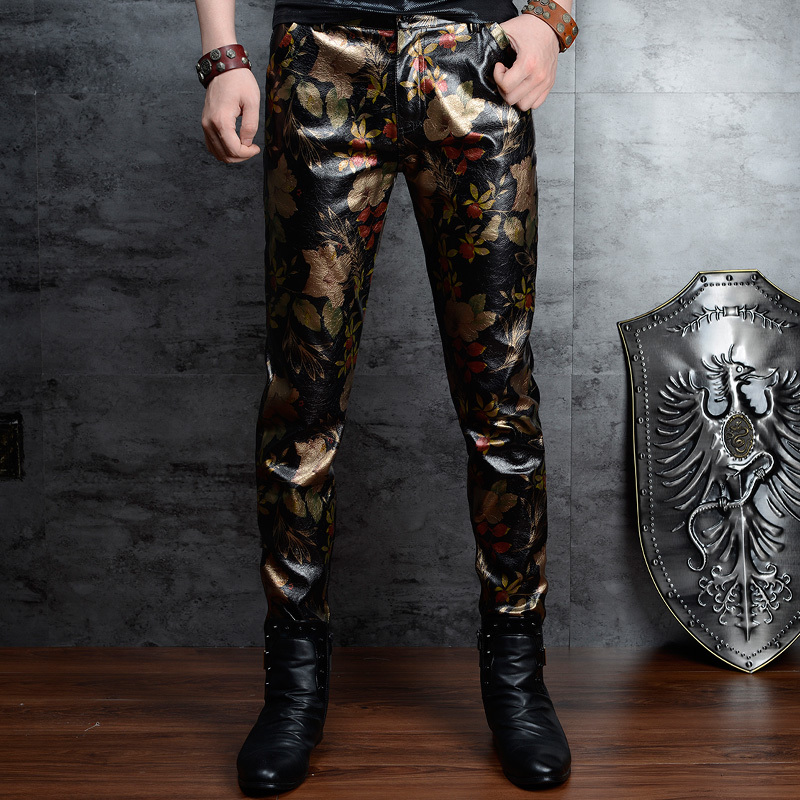 

2021 New Personalized Printed Men's Korean-style Slim-fit Nightclub Hip Hop Leather Pants Camouflage Trousers Men 30m7, Color 0