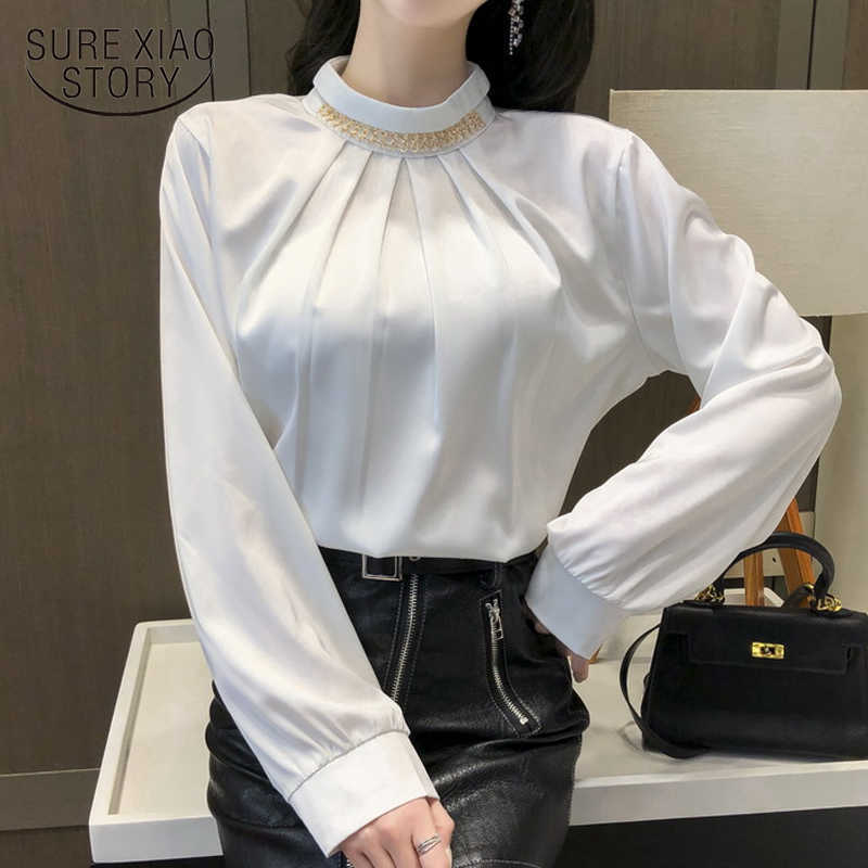 

Office Lady Stand Collar Shirts Women Solid Chiffon Blouse Women Long Sleeve Elegant Plus Size Tops Female Blusas 13027 210527, Blue