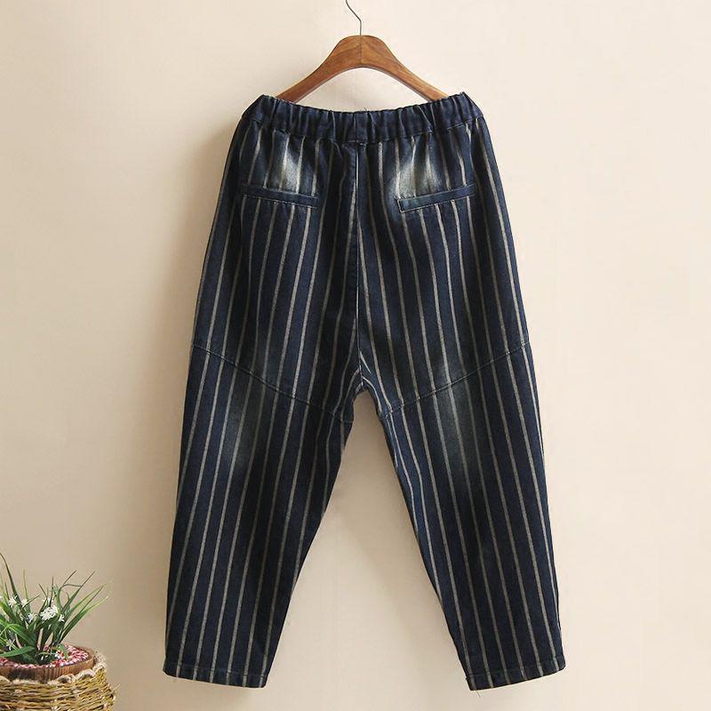 

Women's Jeans Spring Arts Style Women Elastic Waist Loose All-matched Casual Vintage Denim Cotton Stripe Harem Pants Top Quality, Picture color