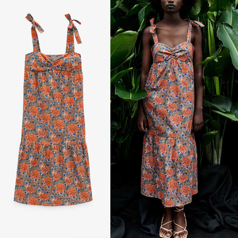 

Women Vintage Floral Print Za Dress Adjustable Tie Straps Midi Summer Dresses Woman Smocked Elastic Cottagecore Dress 210602, As picture