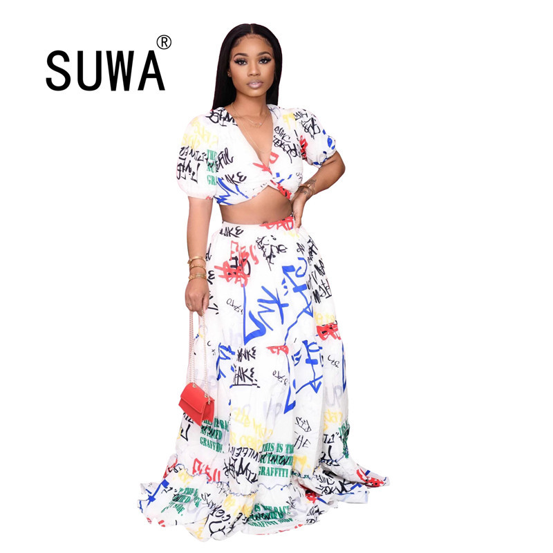 

Summer Women Set Deep V Neck Crop Top White Sexy Tunic + Long Bodycon Skirt Night Party Club Outfit Two Piece Matching Sets 210525, Multi