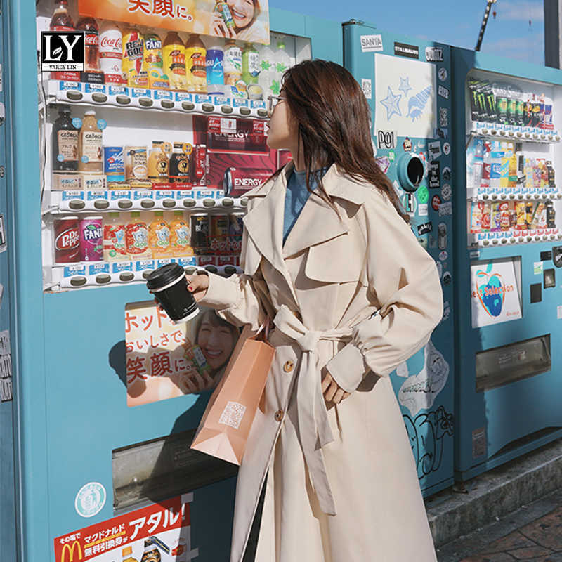 

Ly Varey Lin Women Spring Autumn Sweet Puff Sleeve Turn Down Collar Mid-long Trench Coat Bandage Vintage Windbreaker Outwear 210526, Black
