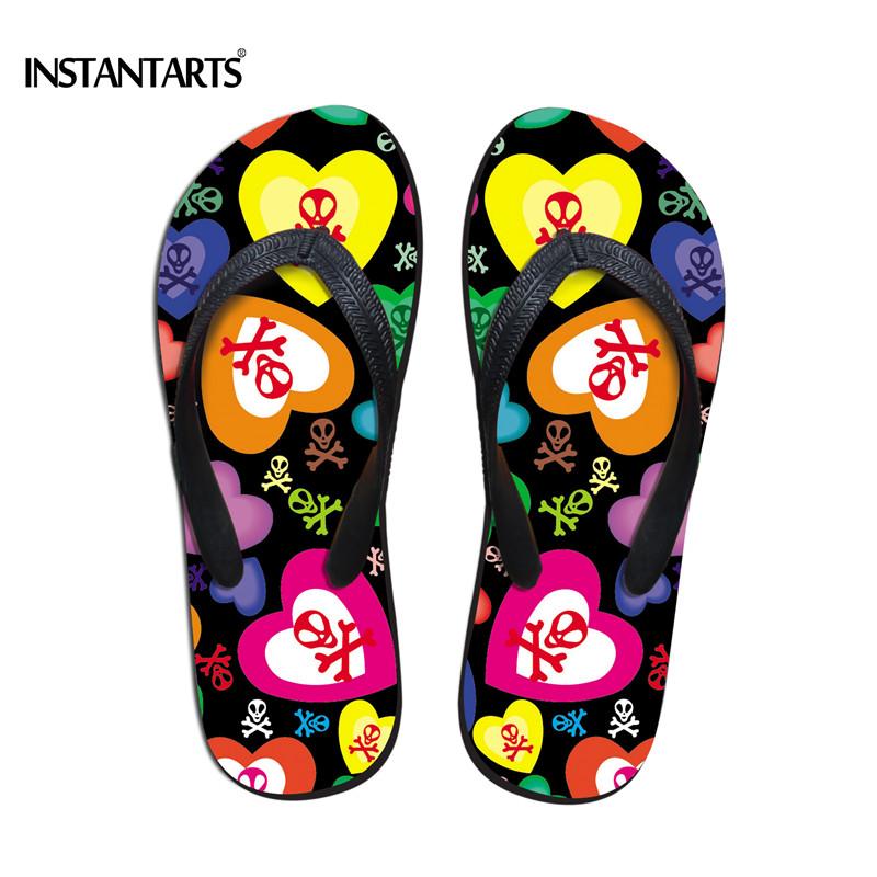 

Slippers INSTANTARTS Stylish Heart-Shaped Women Flip Flops Summer Beach Rubber Outside For Female 3D Skulls Printed Flat Sandals, Black