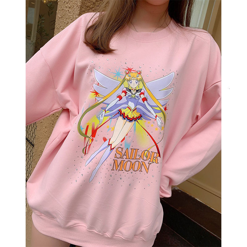 

2021 Sweet Pink Cartoon Kawaii Pattern 100% Cotton Sweatshirt Women Long Sleeve Loose Oversized Casual Pullovers Autumn Tz2h, White
