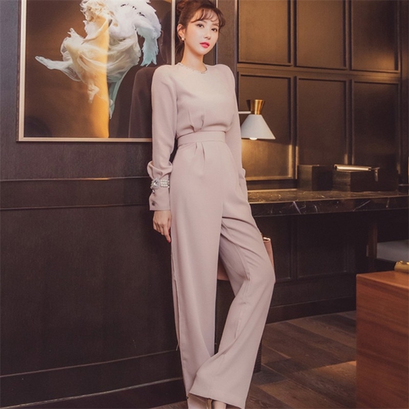 

Spring Office Lady Style Elegant Women Romper Female Overalls Casual Fashion Shiny Collar High Waist Jumpsuit 210526, Beige