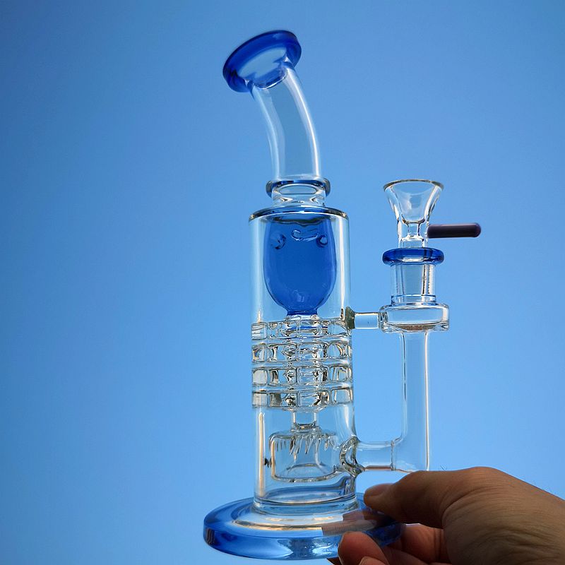

Unique Hookahs Torus Heady Glass Bongs Green Blue Oil Dab Rigs Ratchet Barrel Perc Water Pipes Inverted Showerhead Percolator With Bowl