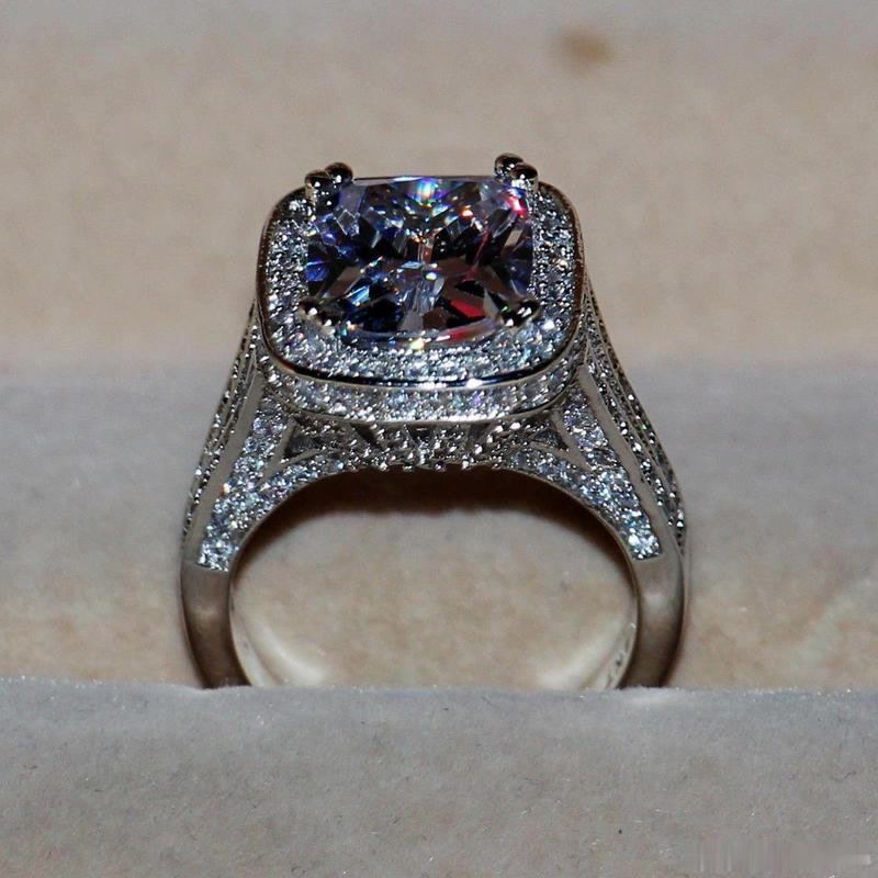 

Size 5-11 Luxury 8CT Big Stone White sapphire 14kt white gold filled GF Simulated Diamond Wedding Engagement Ring gift, Slivery;golden