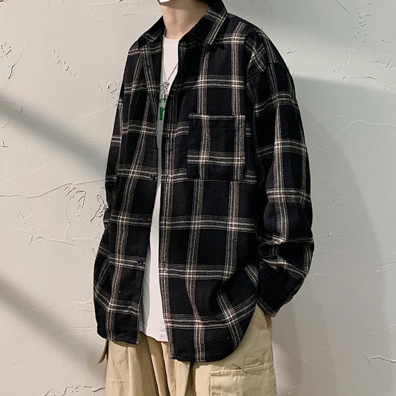 

Men's Casual Shirts Autumn Plaid Shirt Fashion Retro Men Streetwear Wild Loose Long Sleeve Mens Large Size -5XL, White;black