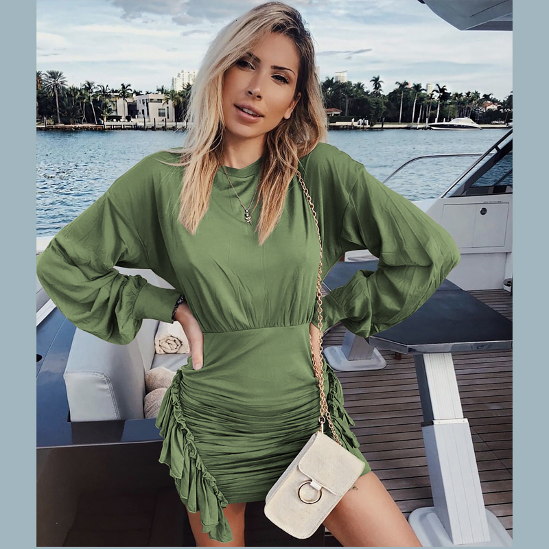 

2021 Women Vintage Ruffled Sheath Slim Party Long Sleeve o Neck Solid Elgeant Casual Mini Autumn New Fashion Btdy, Pink