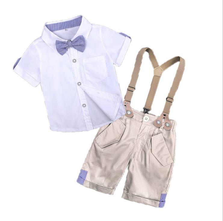 

Summer 2pcs Toddler Kids Newborn Baby Boy Short Sleeves stripe Shirt Tops Suspenders Short Pants Bow Tie Outfits Set, White