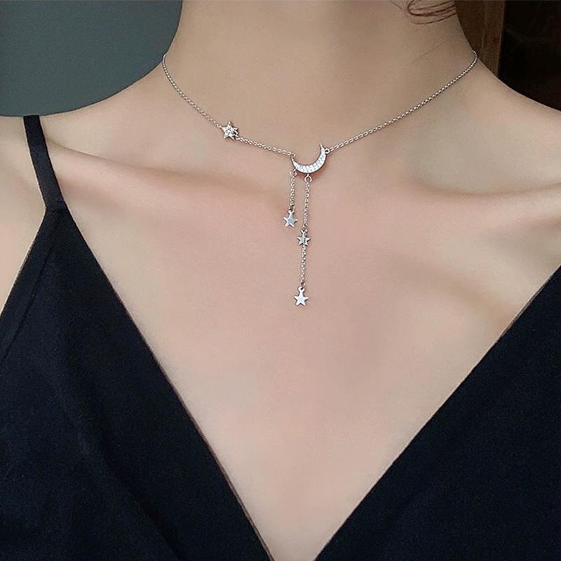 

Lockets Fashion 925 Sterling Silver Star Moon Choker Necklaces Shiny Chain Women Wedding Fine Jewelry