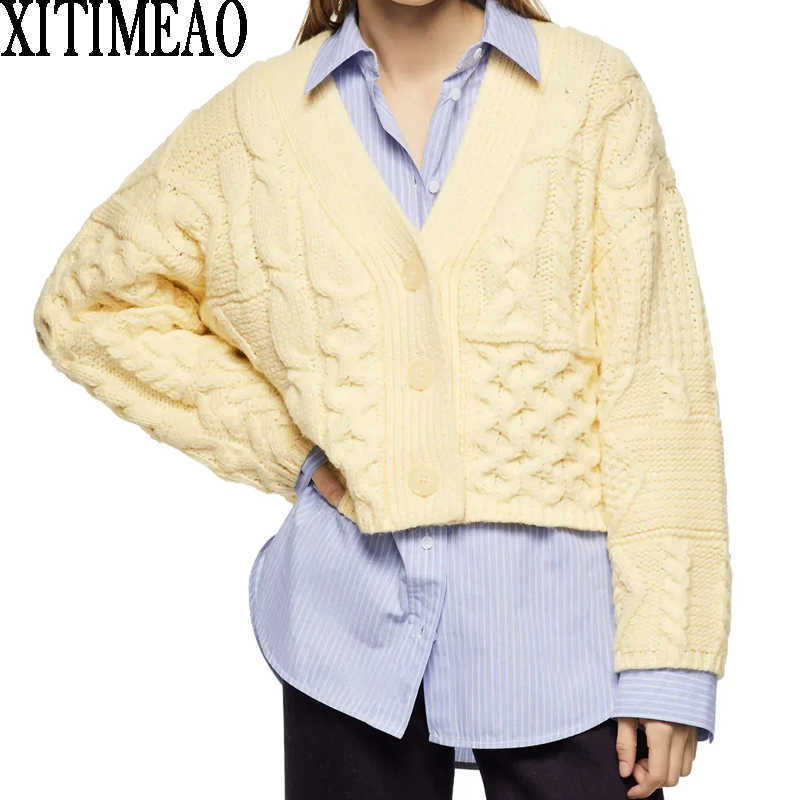 

ZA Women Autumn Winter Knitted Butto Decorati Loose Knit Sweater Coat Retro Solid Color V Neck knitted Cardigan 210602, Yellow