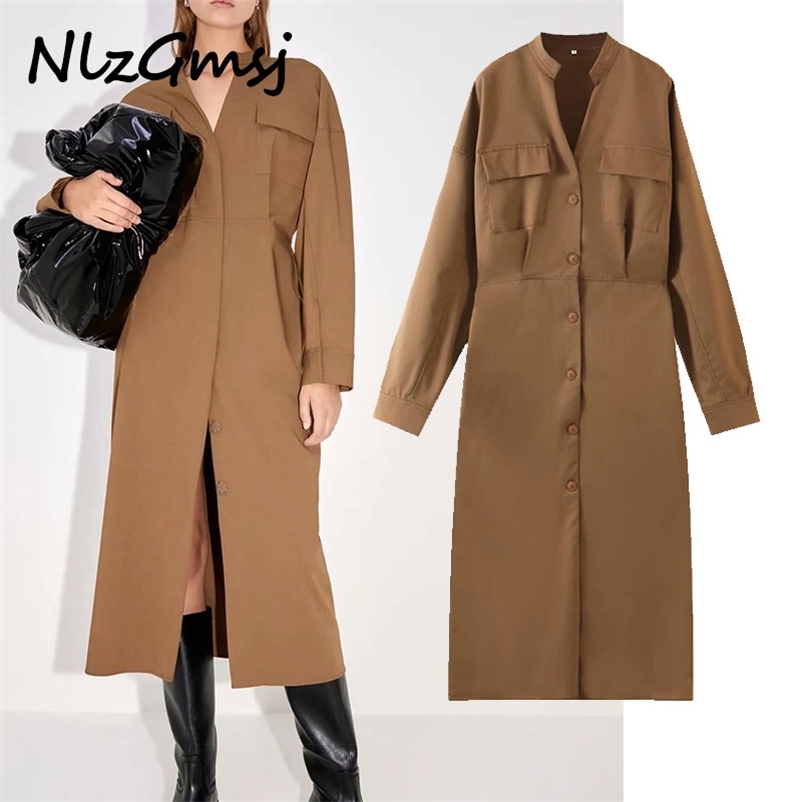 

Dres Spring Summer Solid Thick Shirt Pocket Long Sleeve Office Ladies Midi 210628, As picture