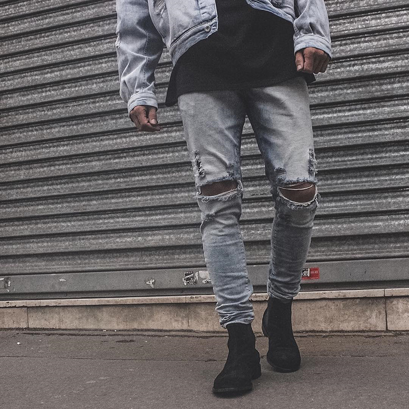 

2021 New Joelho Buraco Afligido Desgastado Lavado Jeans Para Homem Streetwear Reta Retro Solto Caual Denim Calas De Lpis Azul Oversize Wkjm, Blue