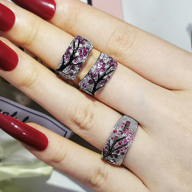 

Earrings & Necklace 2pcs Pack 2022 Luxury Fashion Black Pink Branch Tree Silver Color Bride Jewelry Set For Women Party Gift Wholesale J6165