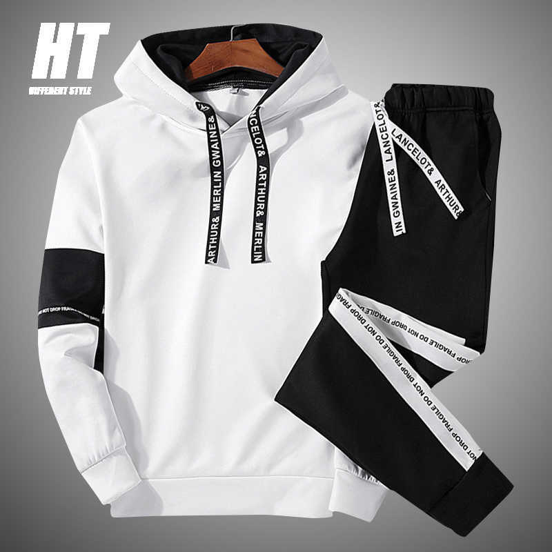 

Men's Casual Tracksuit Sportswear Men Hooded Sweatshirt Patchwork Fashion Slim Fit Gym Fitness 2 PC+Pants Jogging Sets 210603, 738black