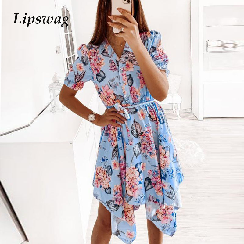 

casual short sleeve belted lace-up party dress vintage floral print women irregular dress female v-neck button summer dresshigh quality, Black;gray