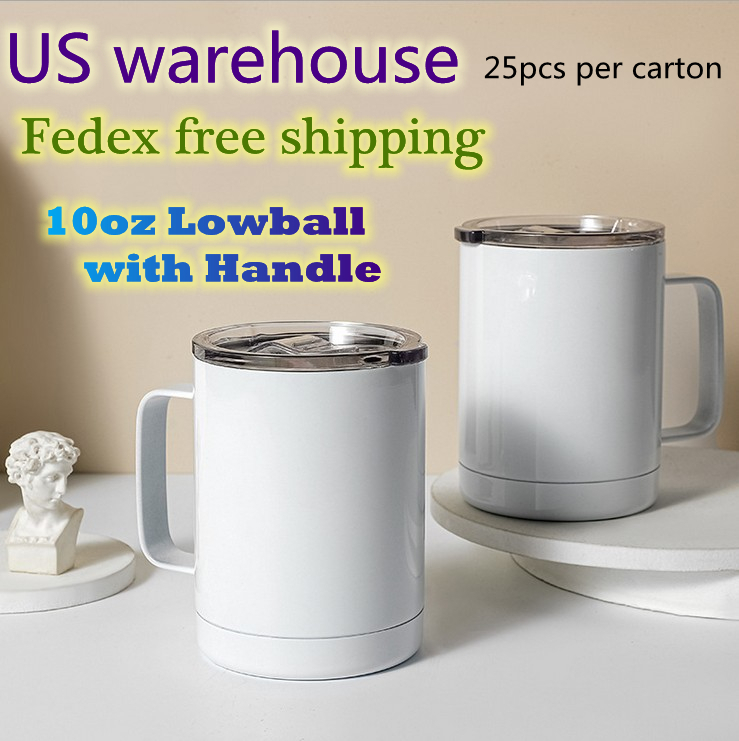 

US warehouse 10oz sublimation car cups handle Blank tumblers with sealed lid Stainless Steel Travel mugs Double Insulated Water coffee beer Bottles, White