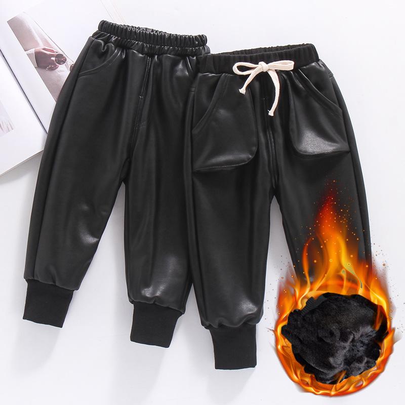 

Children Casual Leather Pants Girls Winter Thick Boys Warm Pants Kids Long Trousers Baby Girls PU 2-8 Years, Arc black