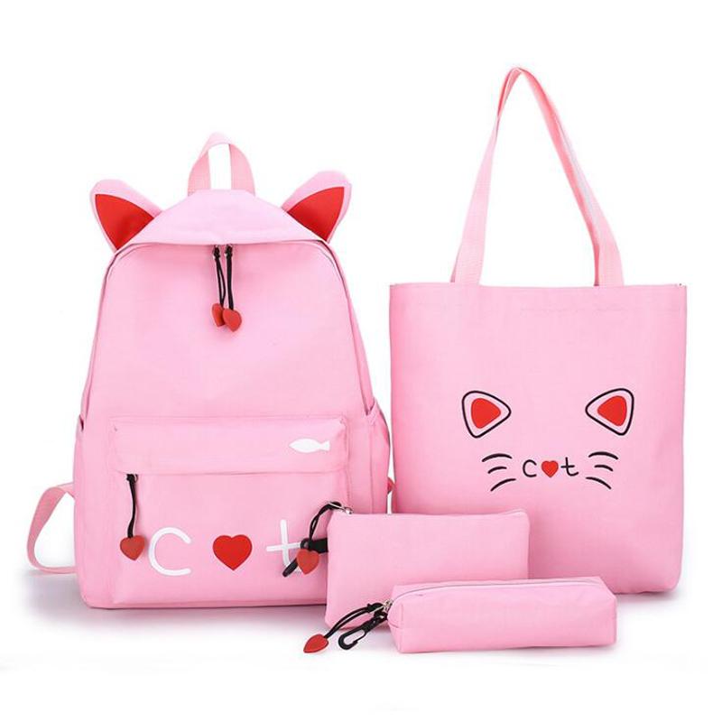 

Backpack 4 Piece Set Schoolbags For Teenage Girls Cute Print Women High Quality School Female Shoulder Bags, Pink