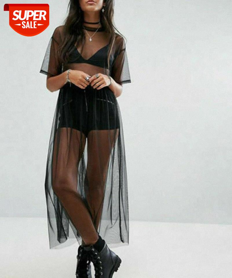 

Hirigin 2019 Brand New Summer Ladies Women Sexy Black Lace Gauze Tulle See-through Mesh Sheer Maxi Dress Mid Dress Transparent #Wp1d, Black;gray
