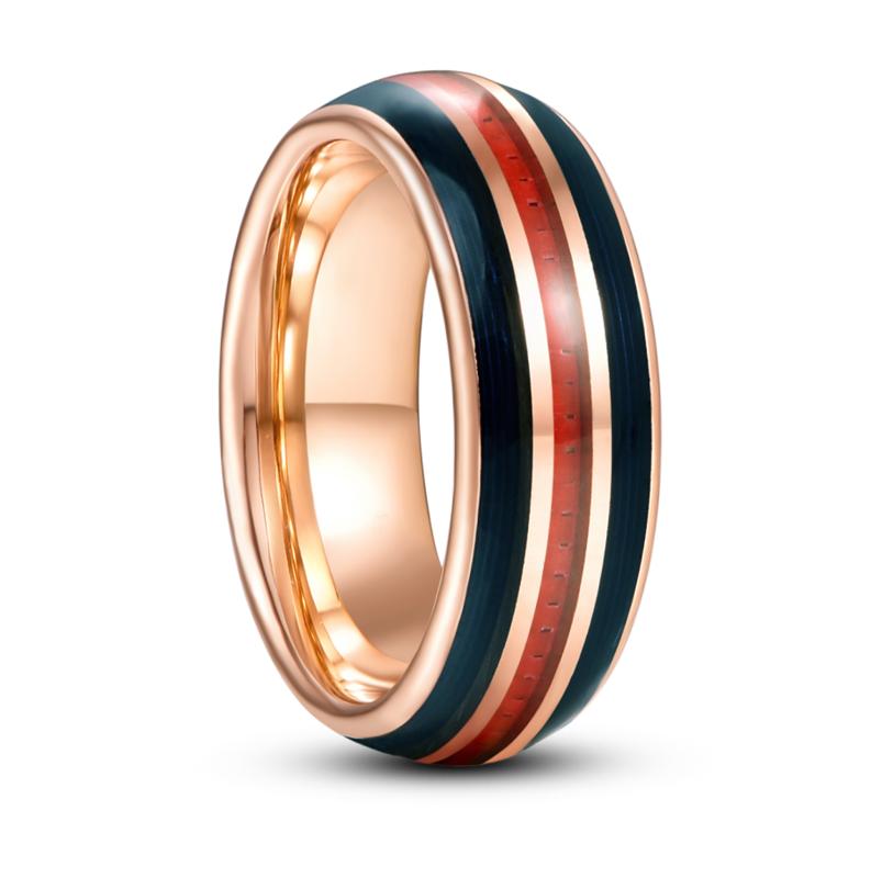 

Wedding Rings 8mm Electric Gold Inlaid Black Guitar Strings Red Carbon Fiber Dome Tungsten Carbide Ring Men's Fashion Jewelry Gift