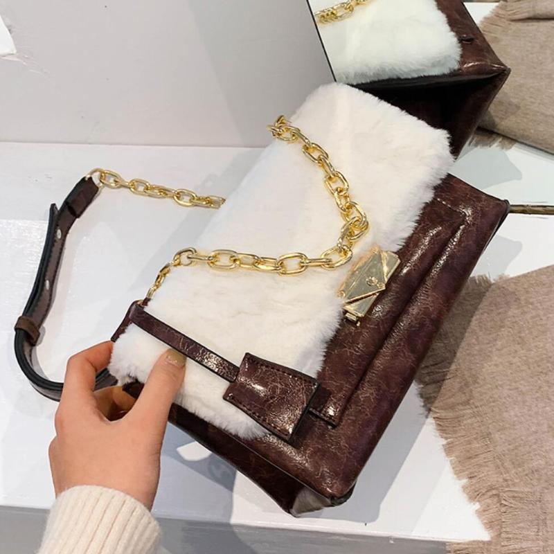 

Plush Square bag Chain Tote bag 2021 Winter New High-quality PU Leather Women's Designer Handbag Vintage Shoulder Messenger Bagg, Black