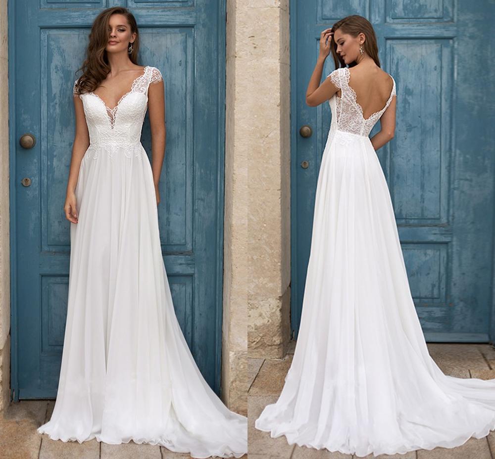 

2021 New Beach Wedding Es Plus Size Cap Sleeve V-neck Top Lace A-line Chiffon Robe De Mariage Boho Bridal Gowns Id5w, White