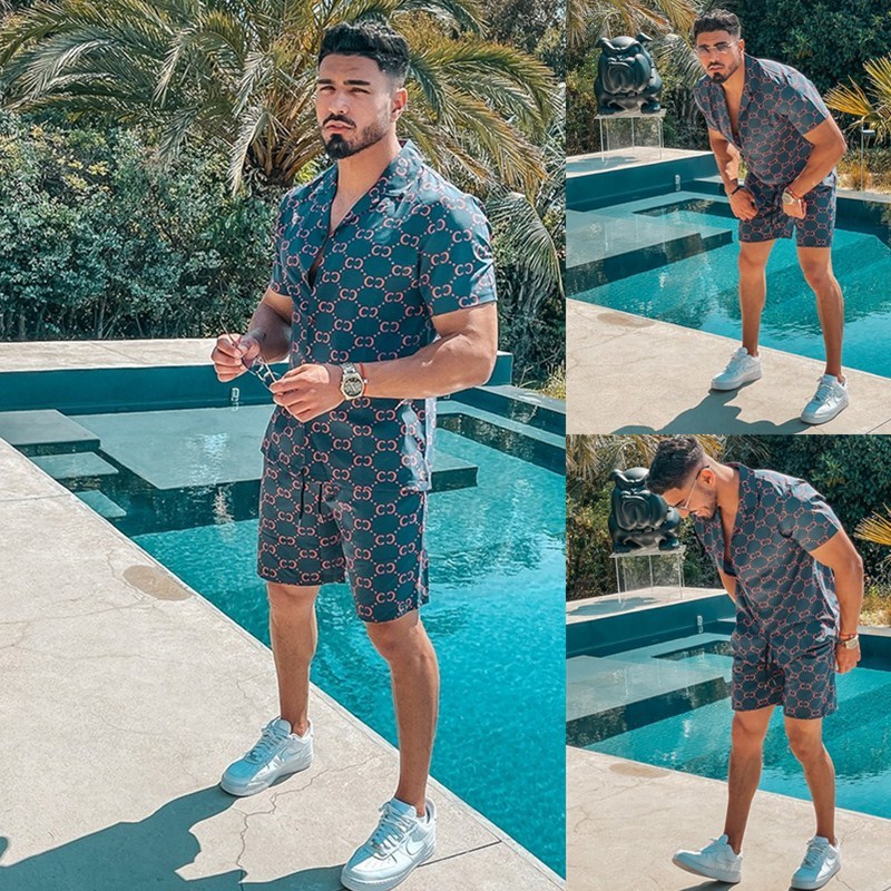 

Summer Fashion Men Short Sleeve Sets Printed Lapel Single-breasted Shirt Hawaiian Beach Shorts Suits Pieces, C8